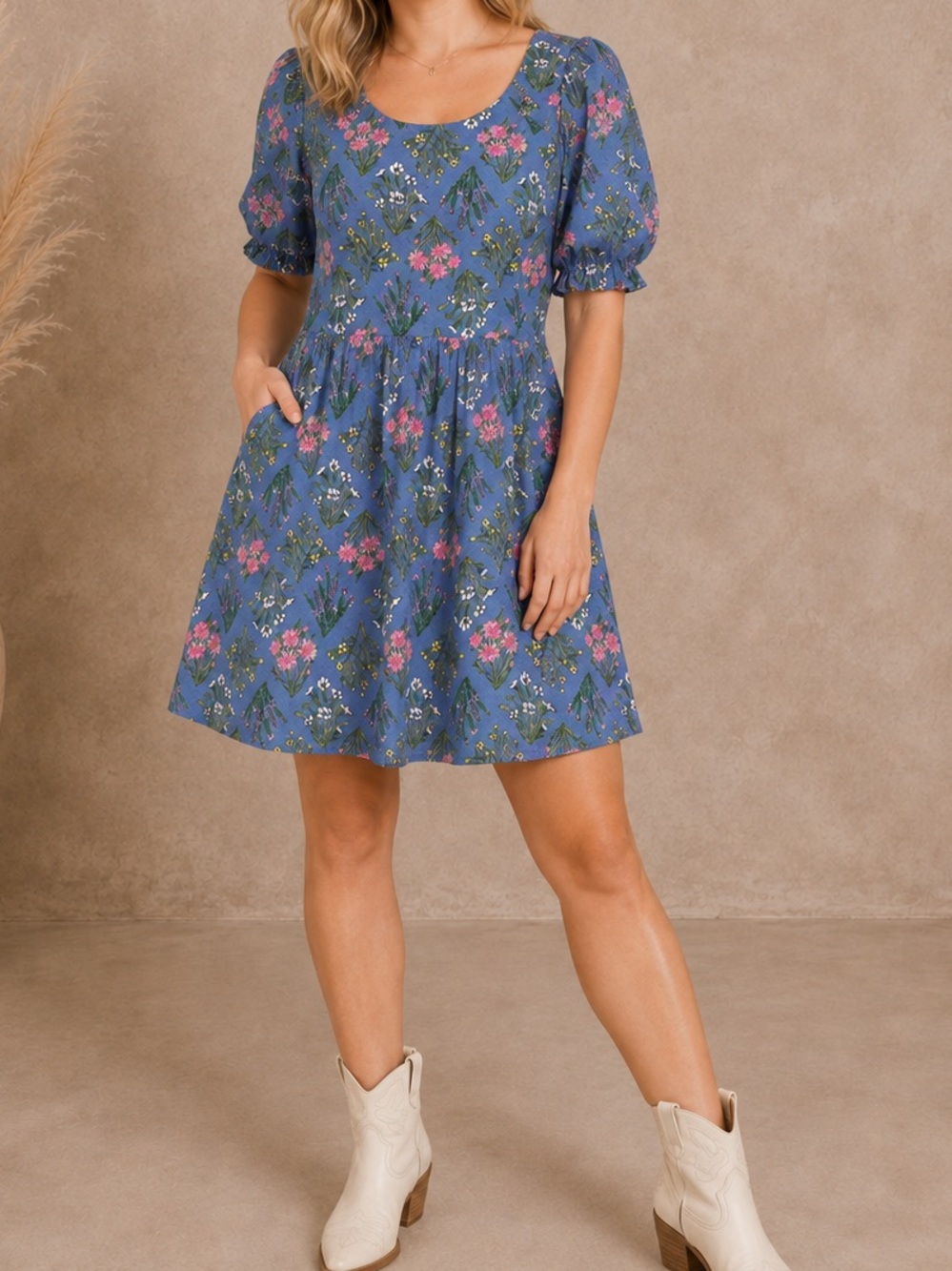 Loft Blue Floral Linen Blend Puff Sleeve Dress Size 6 Cottagecore